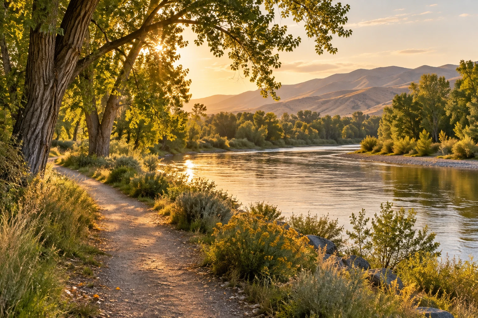 A sunlit path alongside a quiet river, surrounded by trees